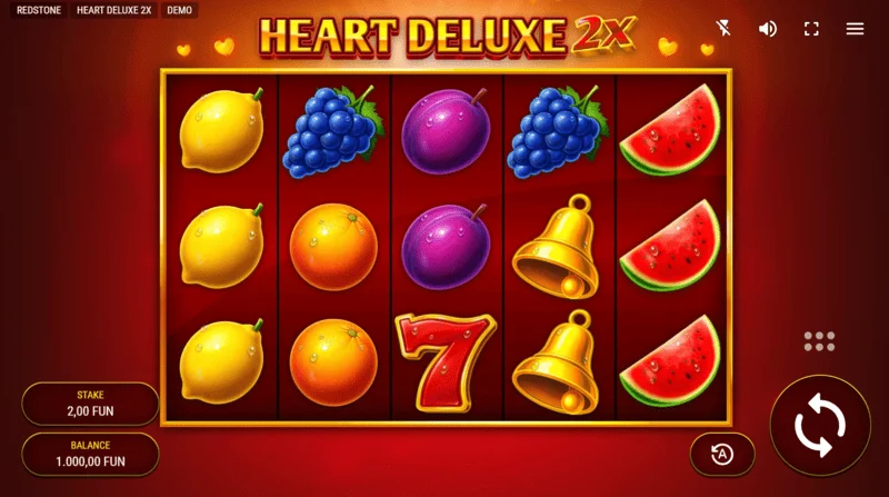 Heart Deluxe 2x – herní obrazovka s válci 5×3